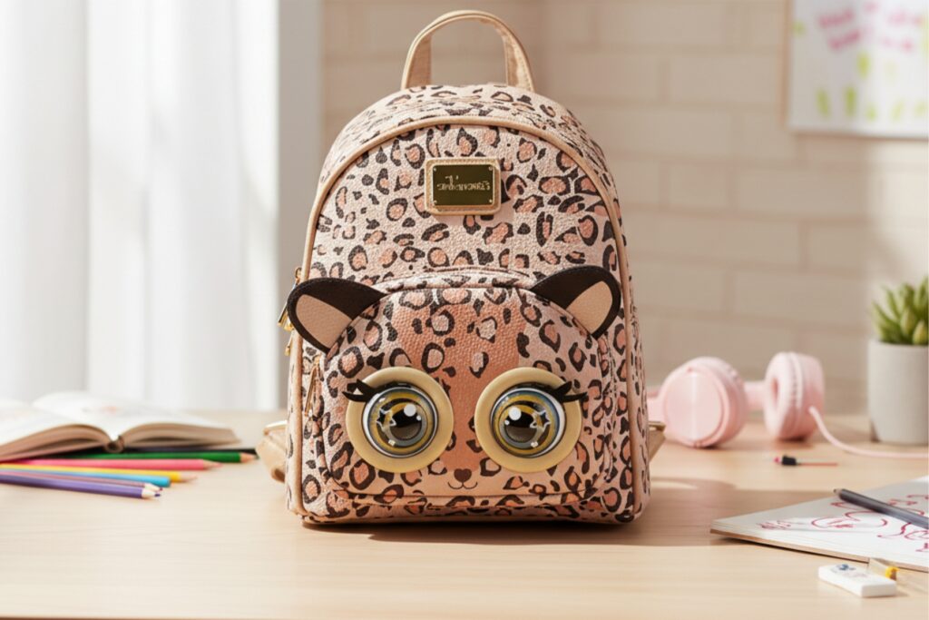 Children’s leopard print backpack with large cartoon eyes on a desk with school supplies