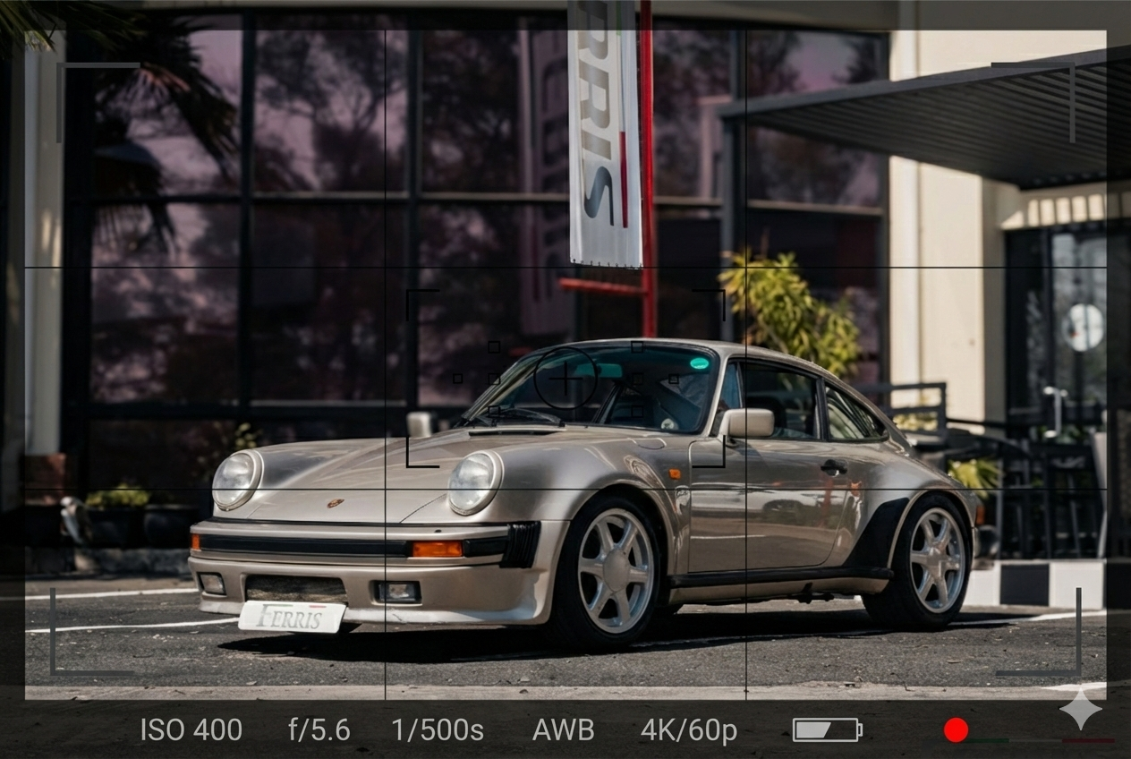 Professional automotive photography of a classic Porsche parked outside a modern building